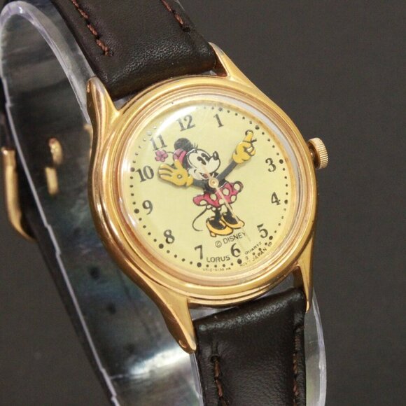 Lorus Ladies Mini Mouse Watch Gold Tone Case New Brown Leather Strap And Battery main image 4